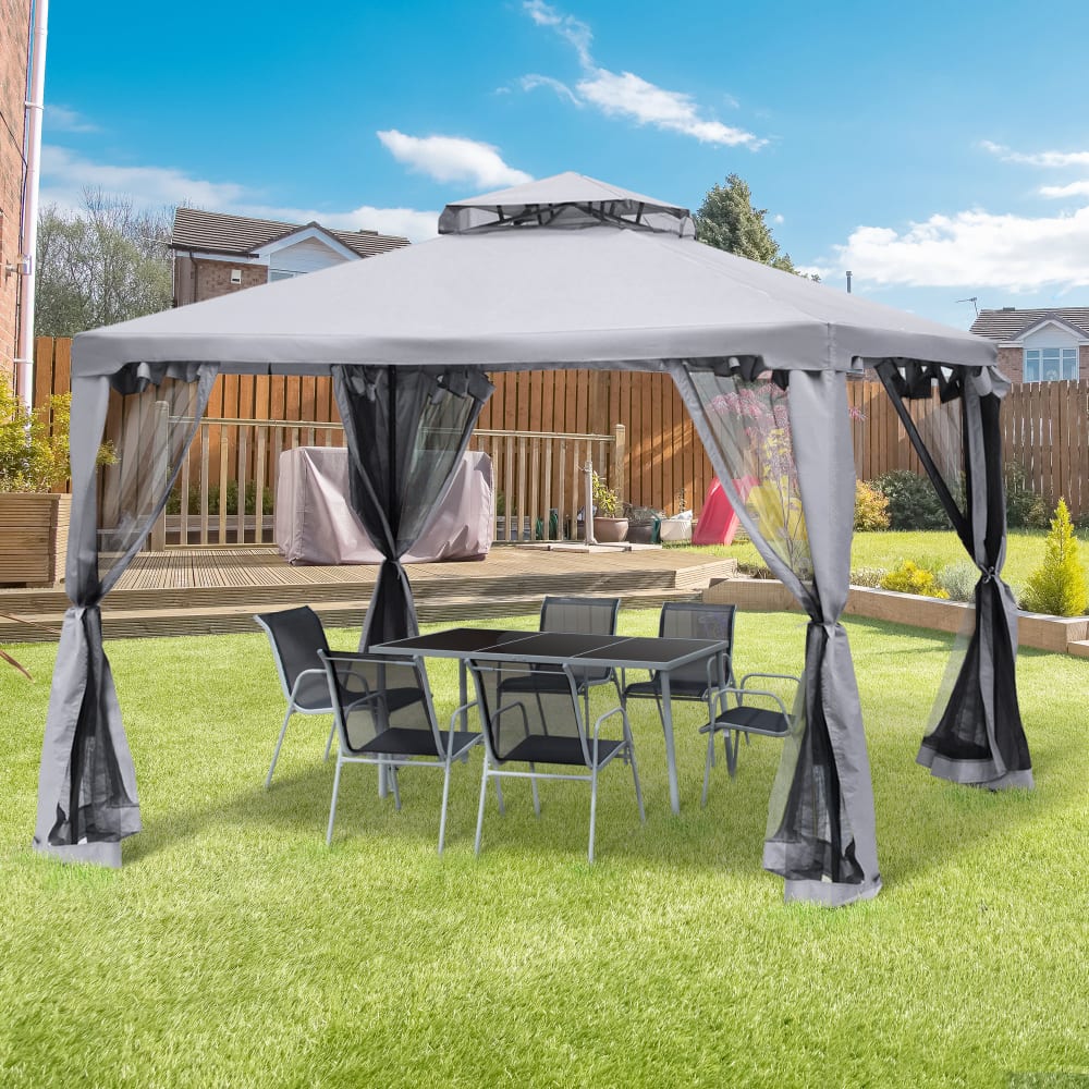 Pavillon de jardin double toit moustiquaires amov gris clair
