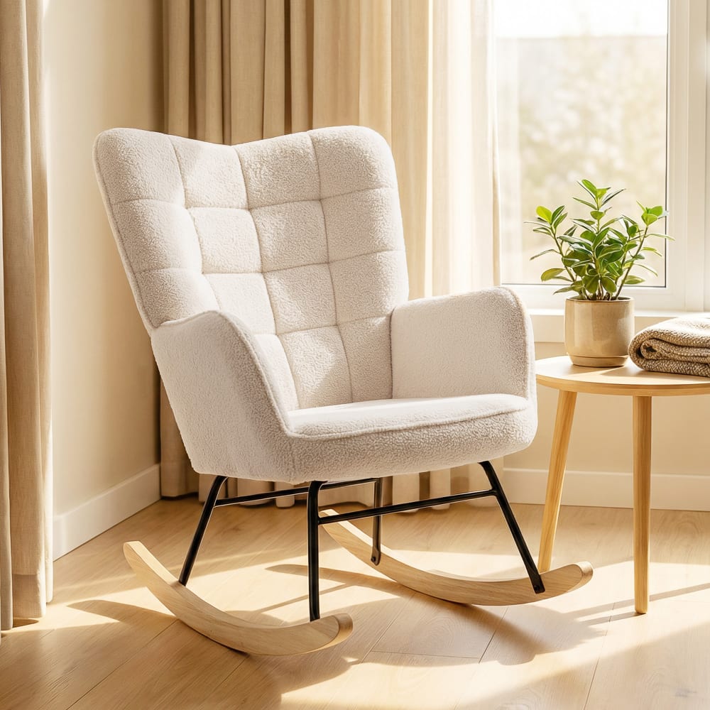 Fauteuil à bascule revêtement bouclette acier et bois massif beige