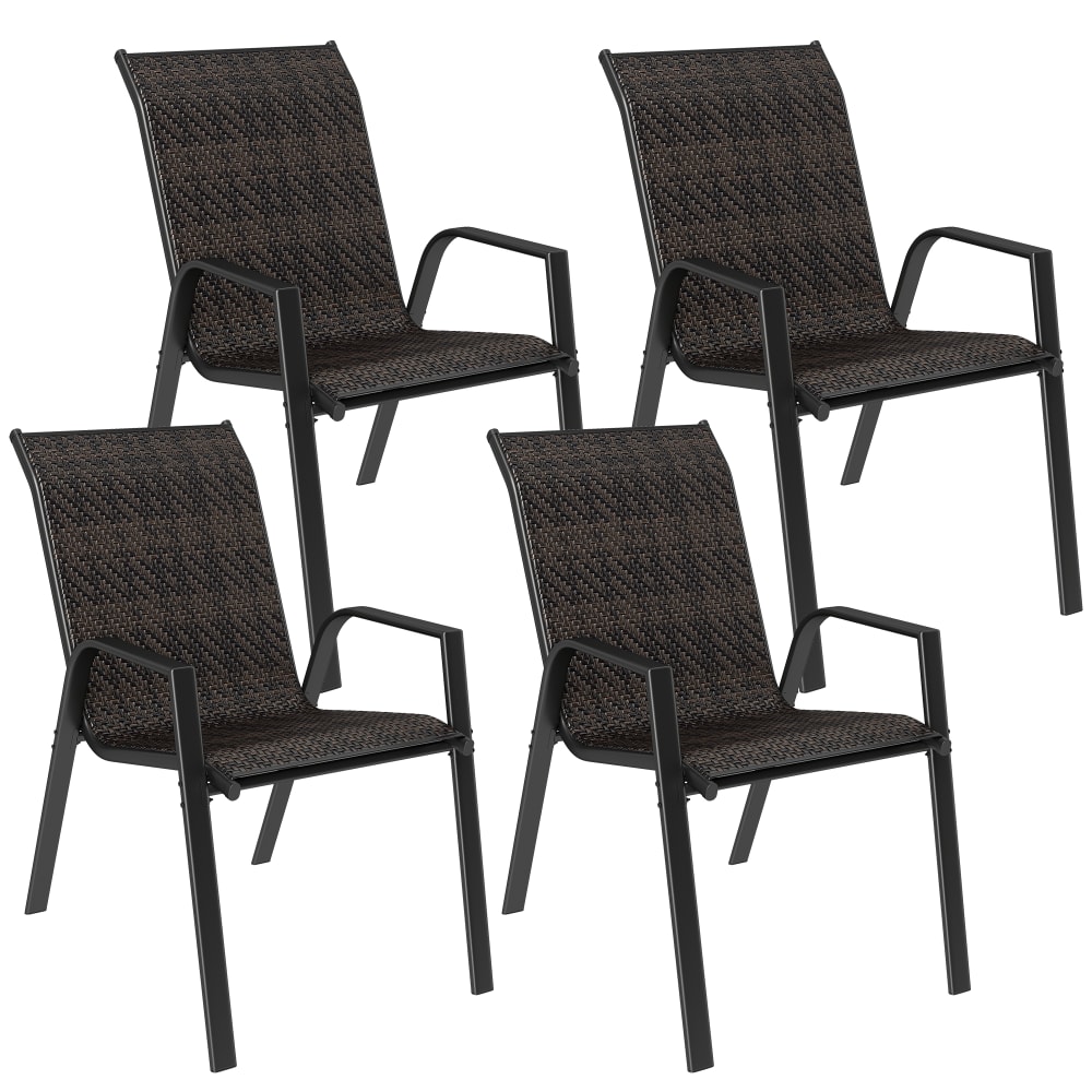 Lot de 4 chaises de jardin empilables acier noir résine tressée marron