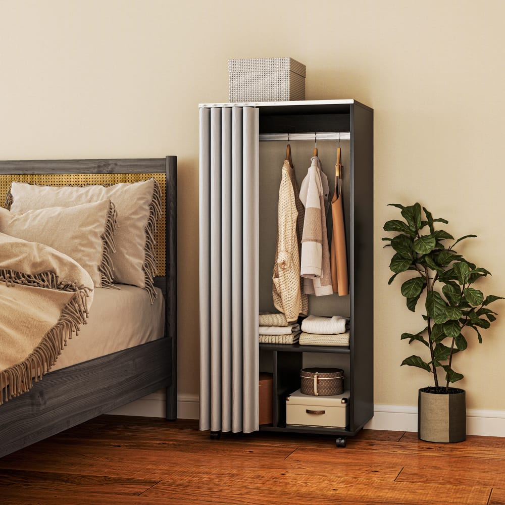 Armoire penderie mobile avec tringle et étagères polyester noir