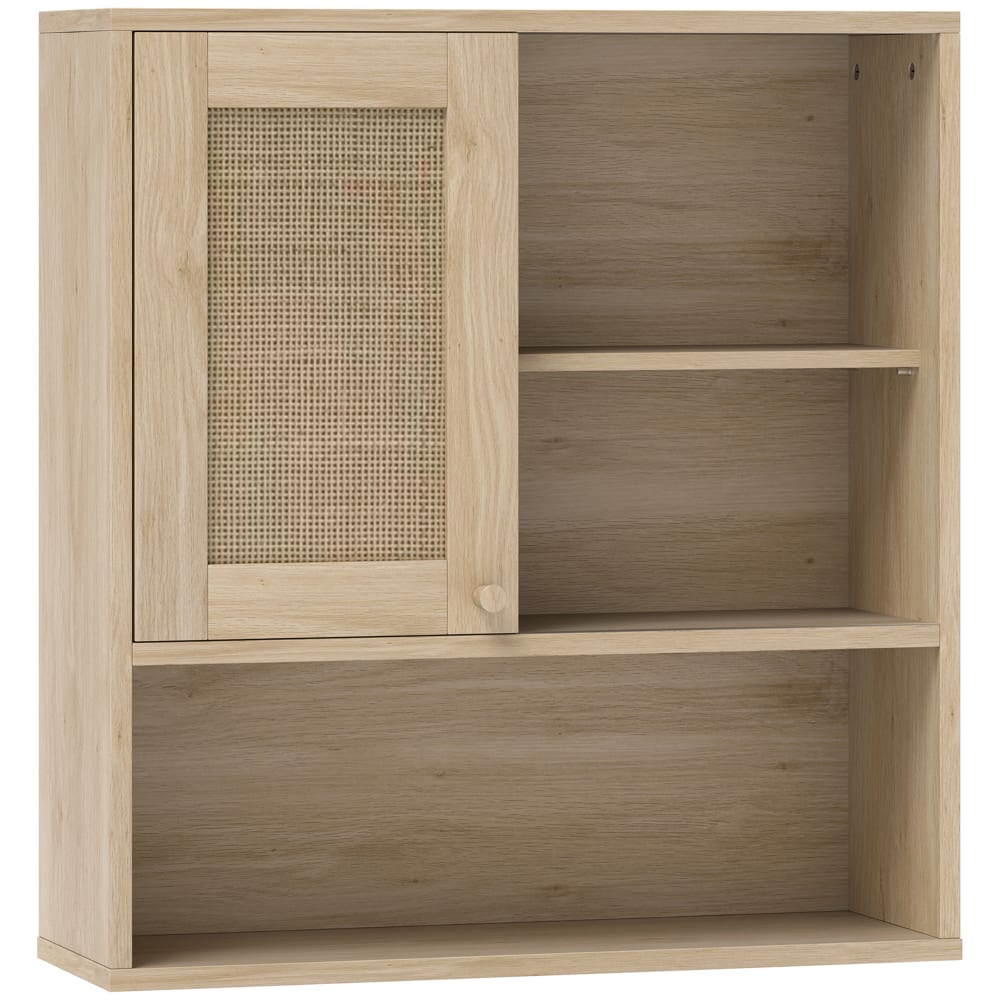 Armoire murale avec porte coulissante rotin et étagères bois naturel