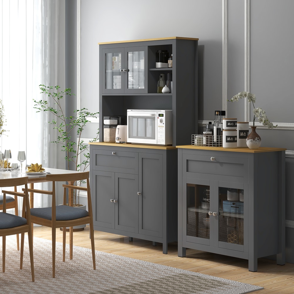 Graue Holz-Küchenschrank mit 3 Schränken & Glastüren - Maisons Du