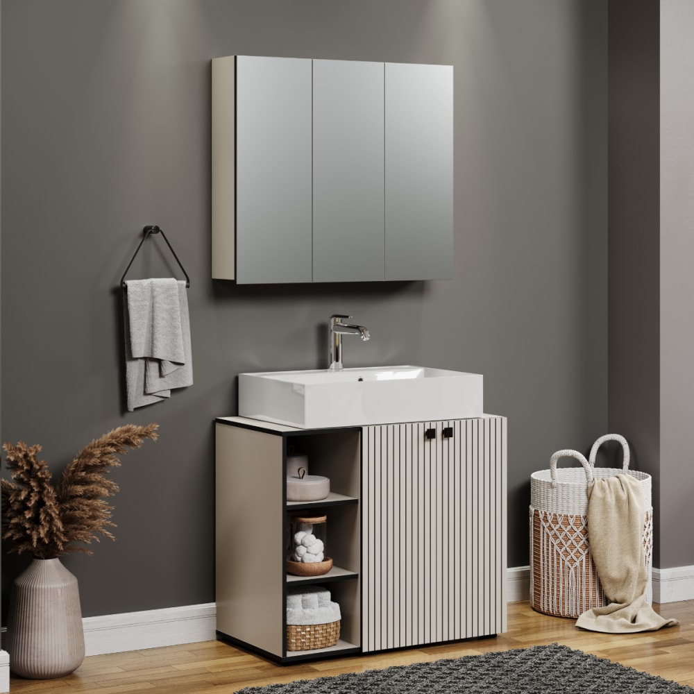 Badezimmerschrank mit Spiegel und 3 Türen L90 cm - Grau - Maisons