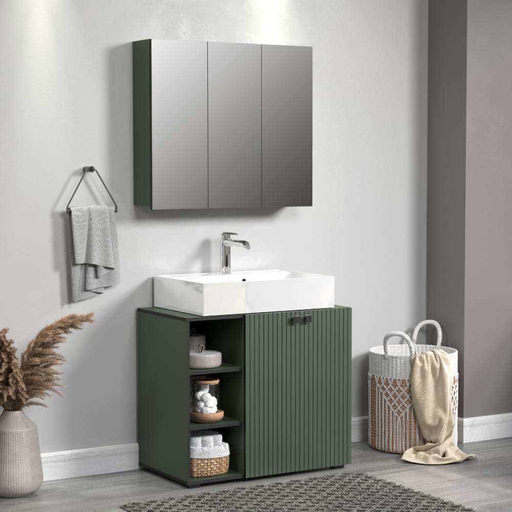 Badezimmerschrank mit Spiegel und 3 Türen L90 cm - Grün - Maisons