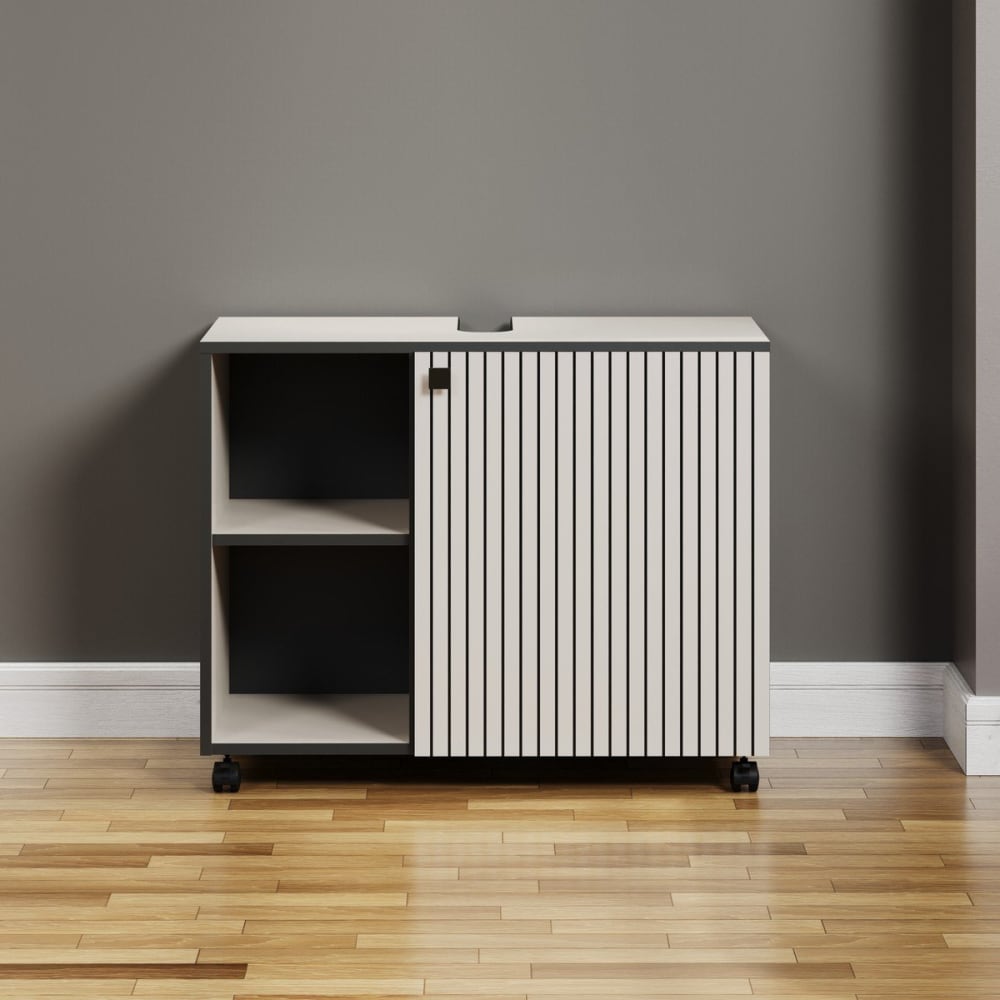 Unterschrank mit Rollen und 1 Tür L80 cm - Grau und Schwarz -