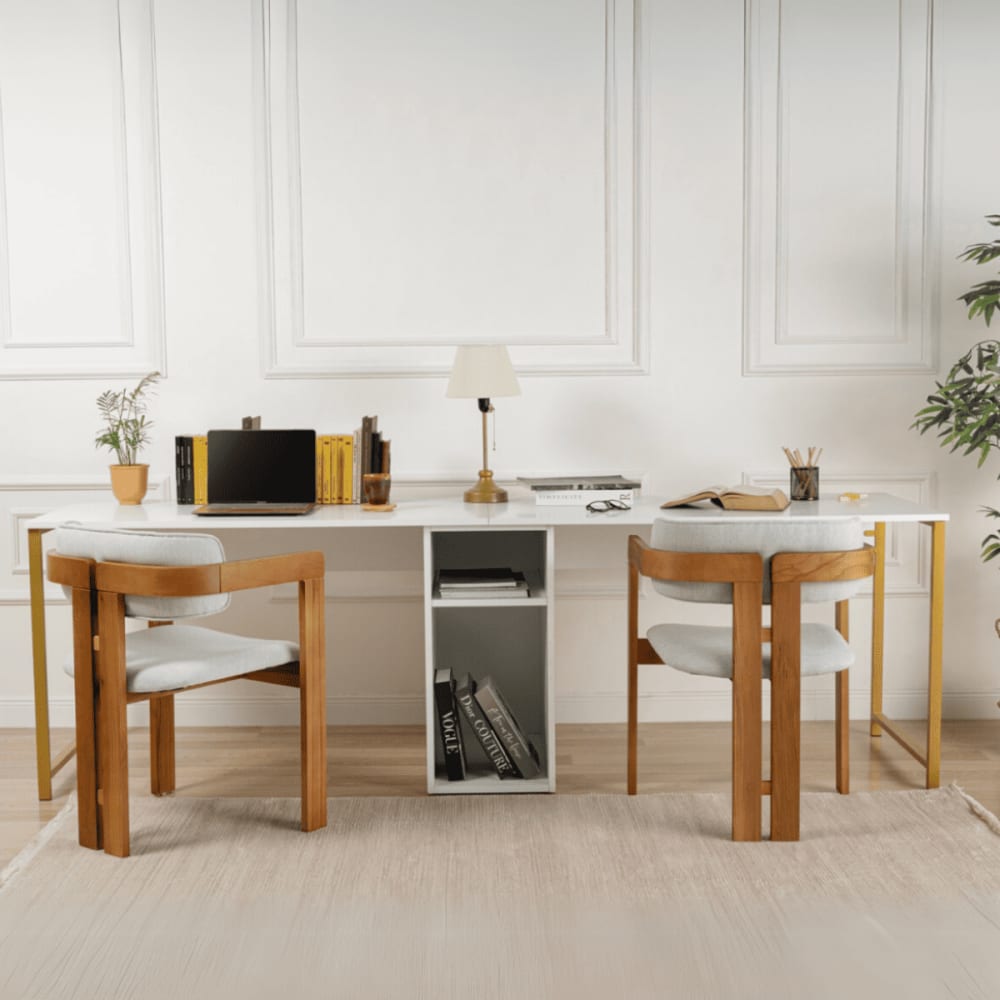 Doppelschreibtisch L240 cm - TWIN - Weiß und Gold - Maisons Du