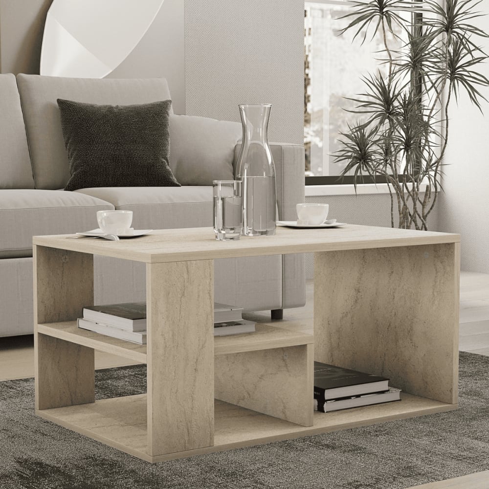 Couchtisch mit Regalböden, Travertin-Dekor L80 cm - EROS -