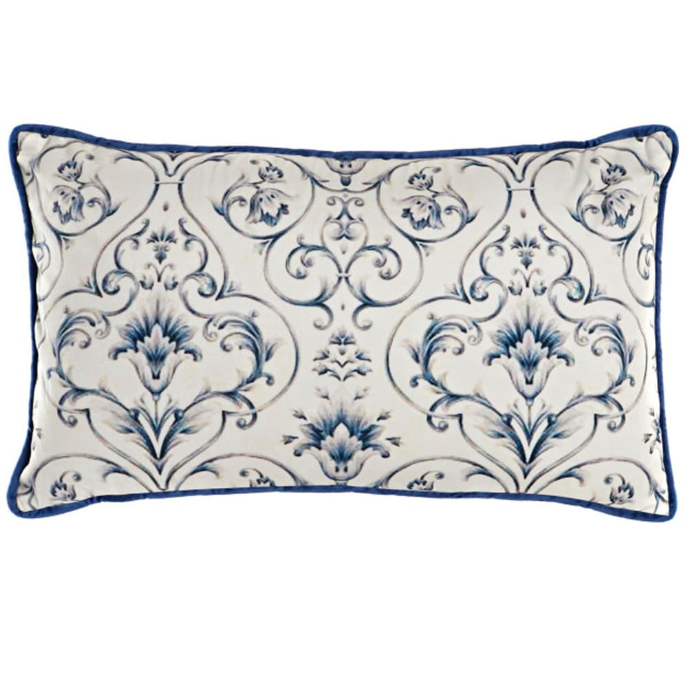 Coussin rectangulaire velours beige et bleu floral 50x10x30cm
