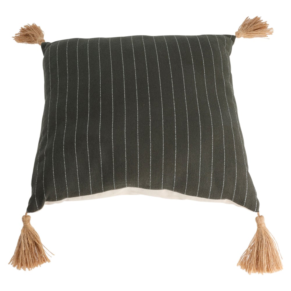 Coussin vert à rayures avec pompons 43x43cm