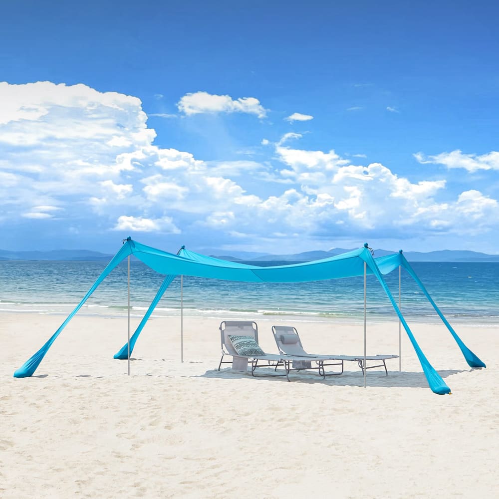 Tente de plage portable avec protection solaire effet bois turquoise