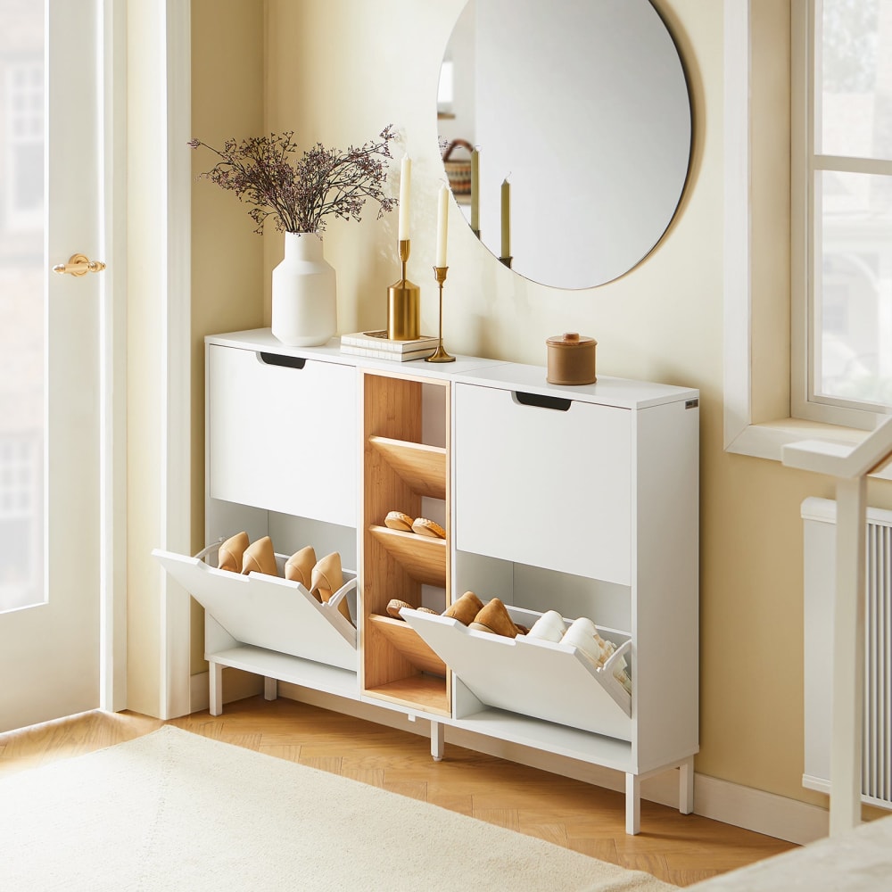 Meuble chaussure avec 4 abattants et 3 compartiments effet bois blanc
