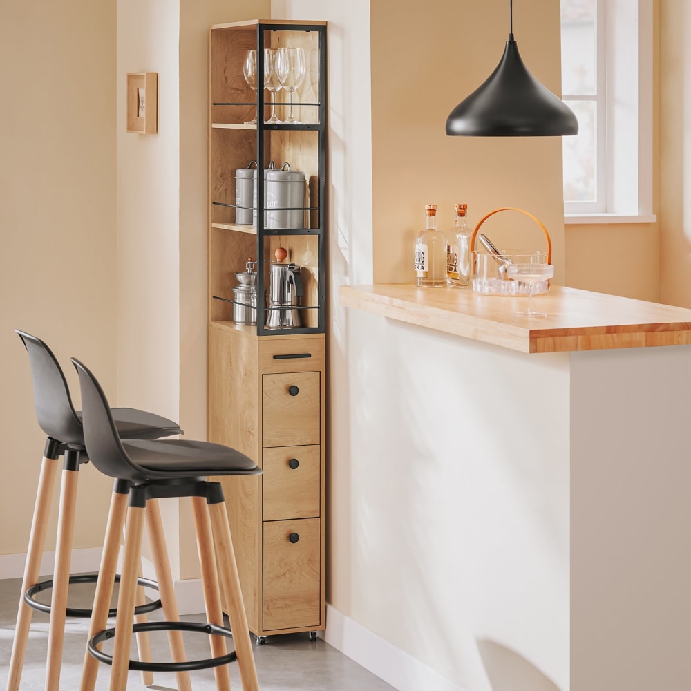 Armoire haute à roulettes avec 3 étages et 3 tiroirs effet bois