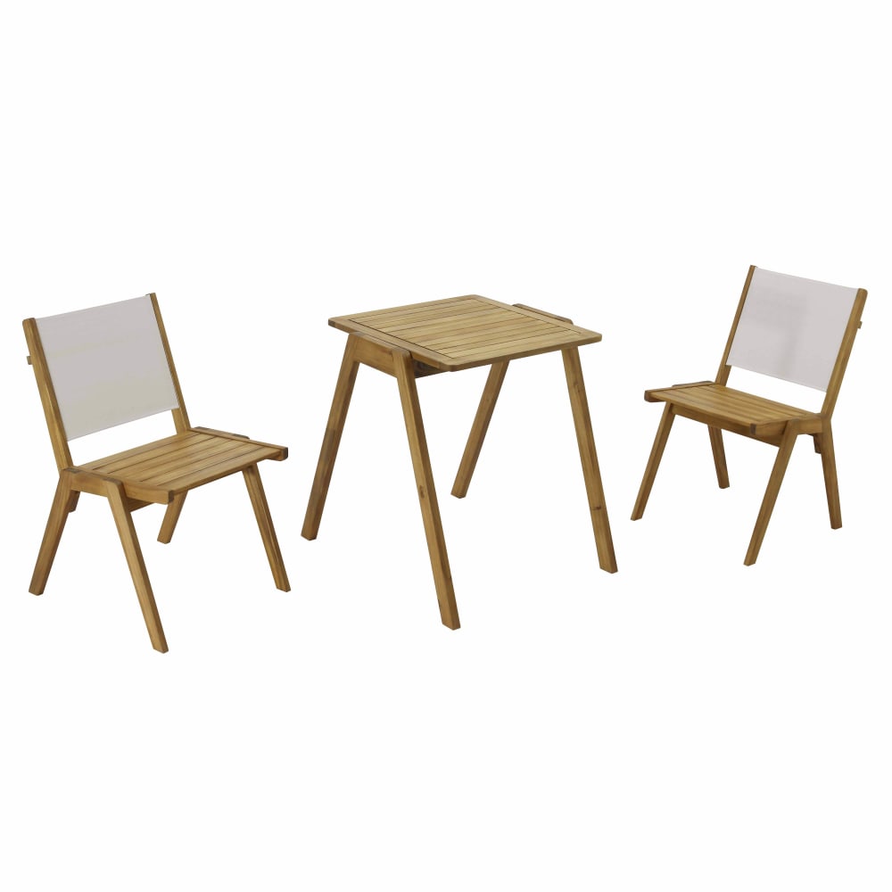 Table de jardin carrée et 2 chaises en bois écru