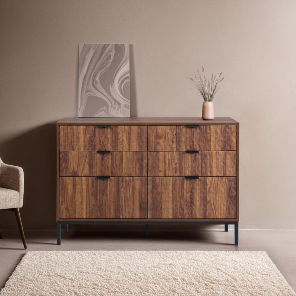 Kommode mit 6 Schubladen aus MDF mit dunklem Holzmelamindekor -