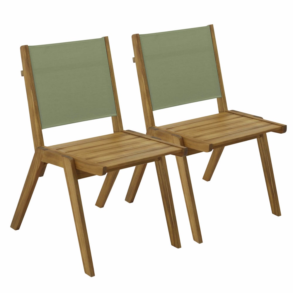 Lot de 2 chaises de jardin en eucalyptus et textilène vert cactus
