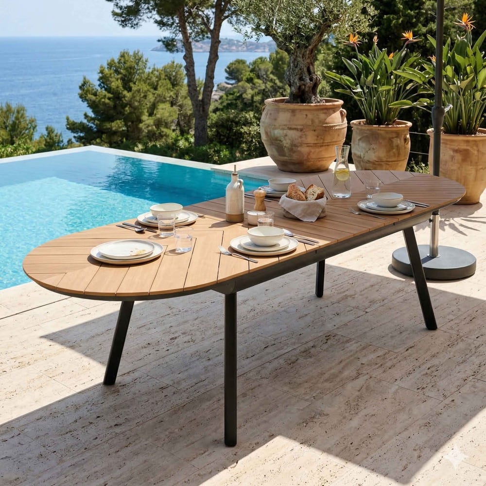 Table de jardin extensible 8 à 12 places effet bois en alu et polywood