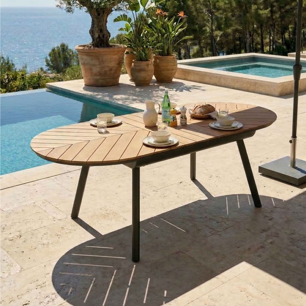 Table de jardin extensible 8 à 10 places effet bois en alu et polywood