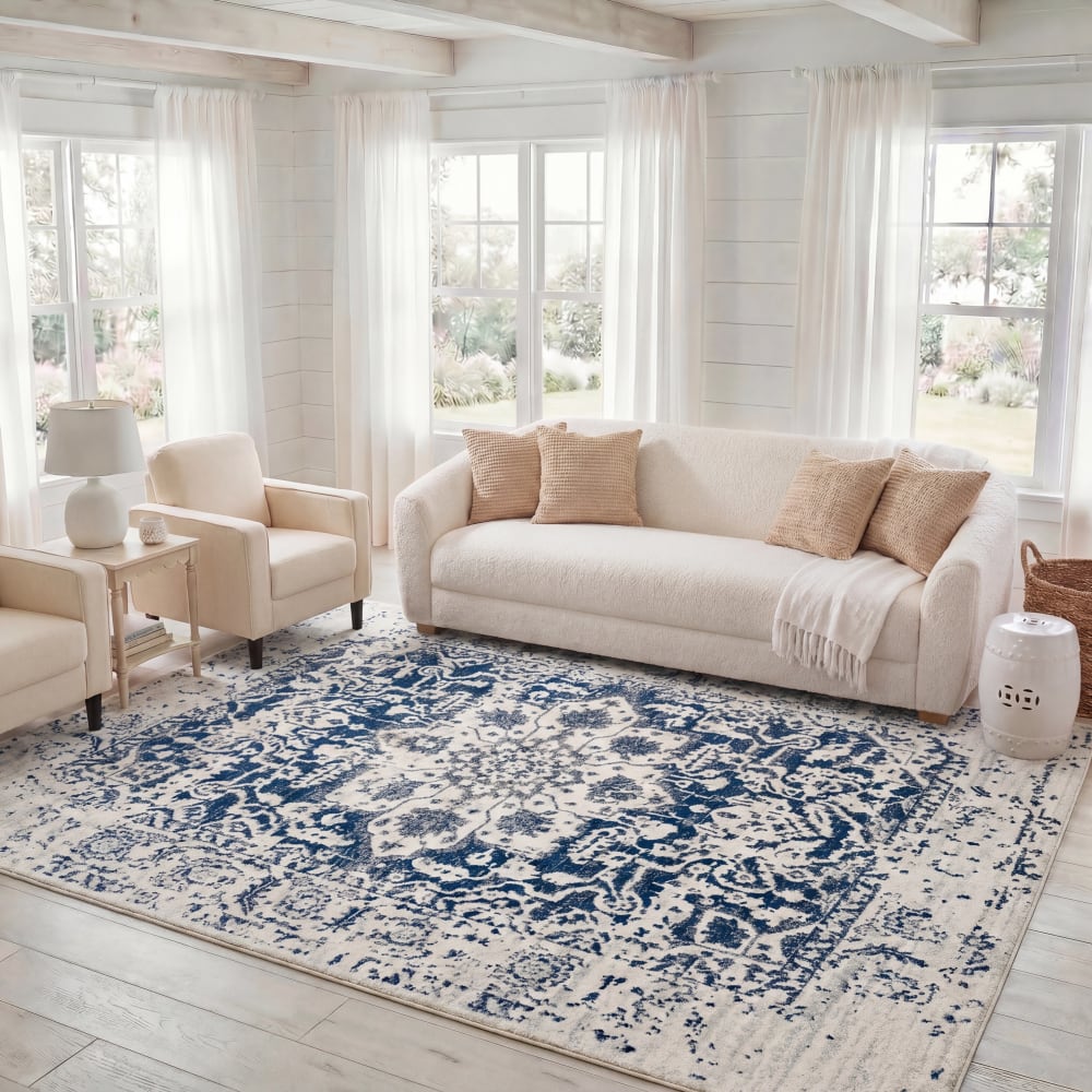 Moderner Schick Polypropylen-Teppich in Beige/Blau, 122 x 122 cm