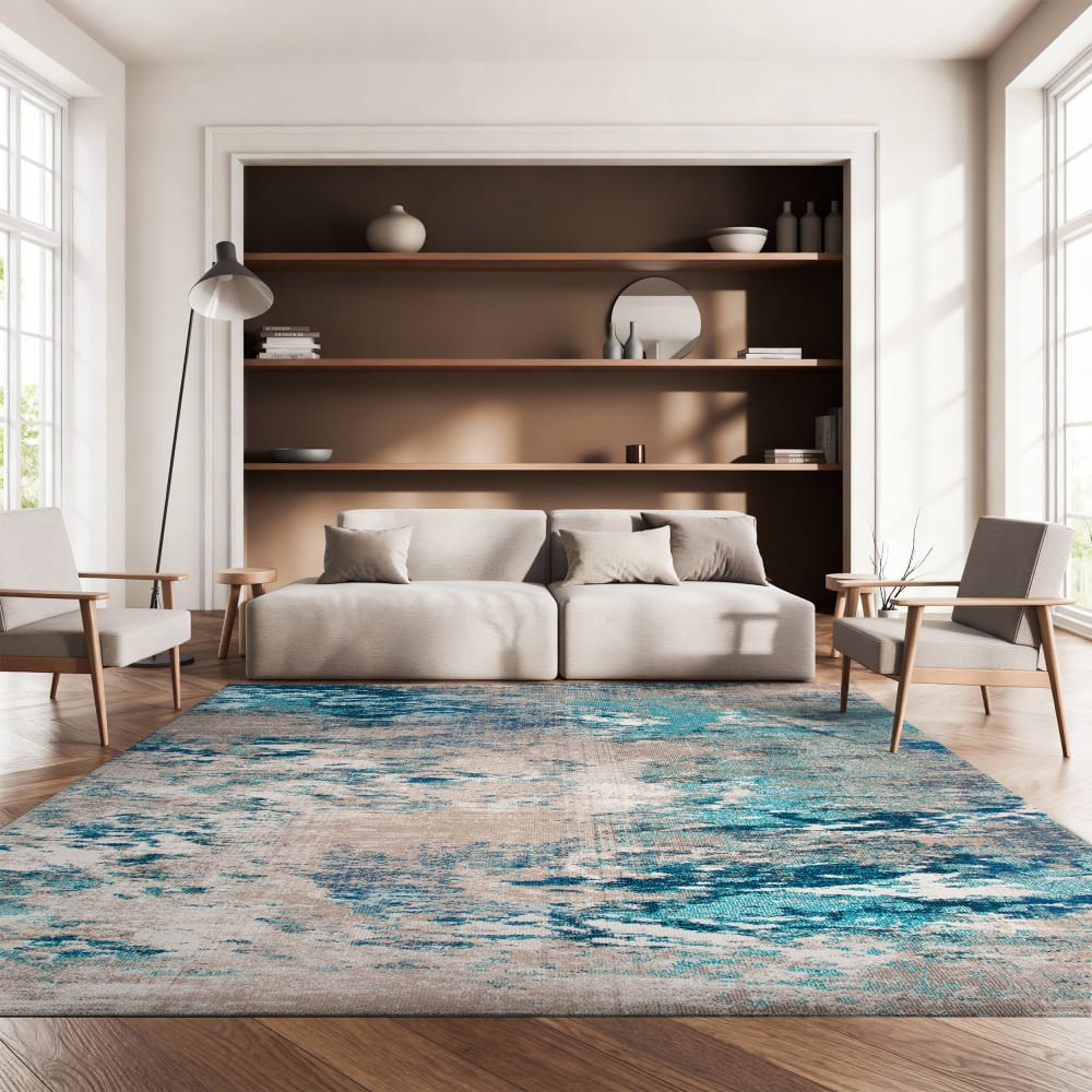 Tapis contemporain en polypropylène bleu/beige, 274 x 366 cm — vue 3