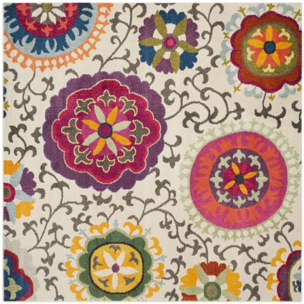 Tapis bohème chic en polypropylène blanc/multicolore, 201 x 201 cm