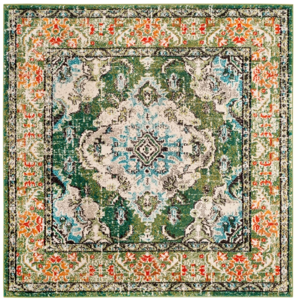 Tapis bohème chic en polypropylène vert/bleu, 122 x 122 cm