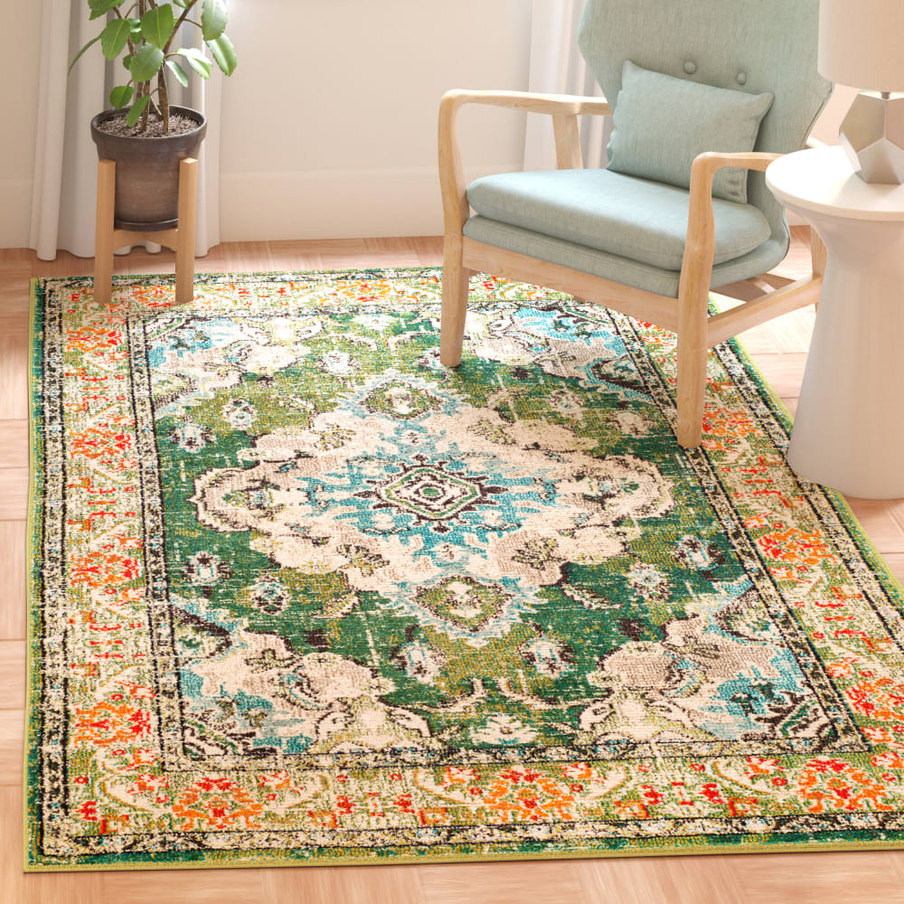 Tapis bohème chic en polypropylène vert/bleu, 122 x 122 cm — vue 3