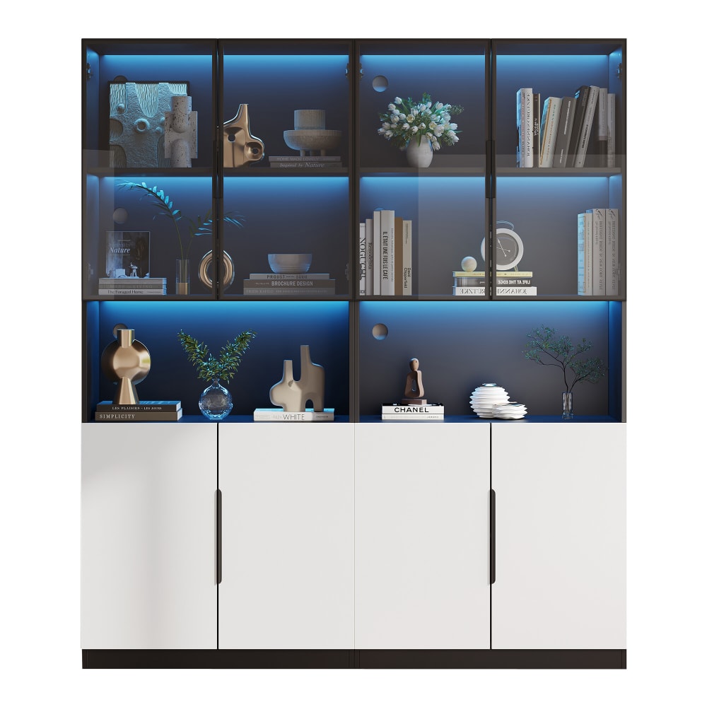 Urban Meuble Schwarzer Vitrinenschrank mit 4 weißen Glastüren und LED-Beleuchtung style modern - Spanplatte