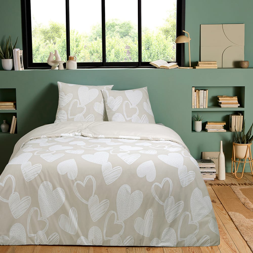 Parure de lit coton motif cœurs 200x200cm
