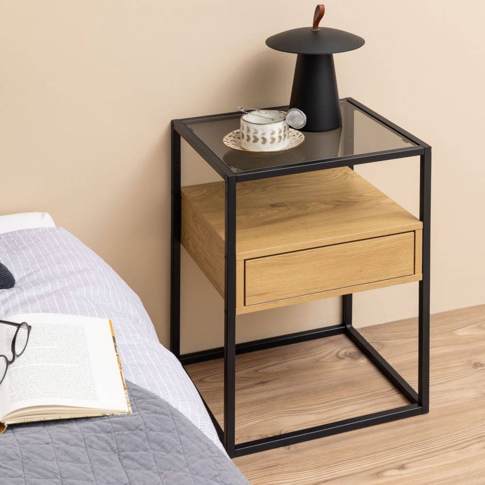 Table de chevet 1 tiroir en verre, bois et métal - Bois clair