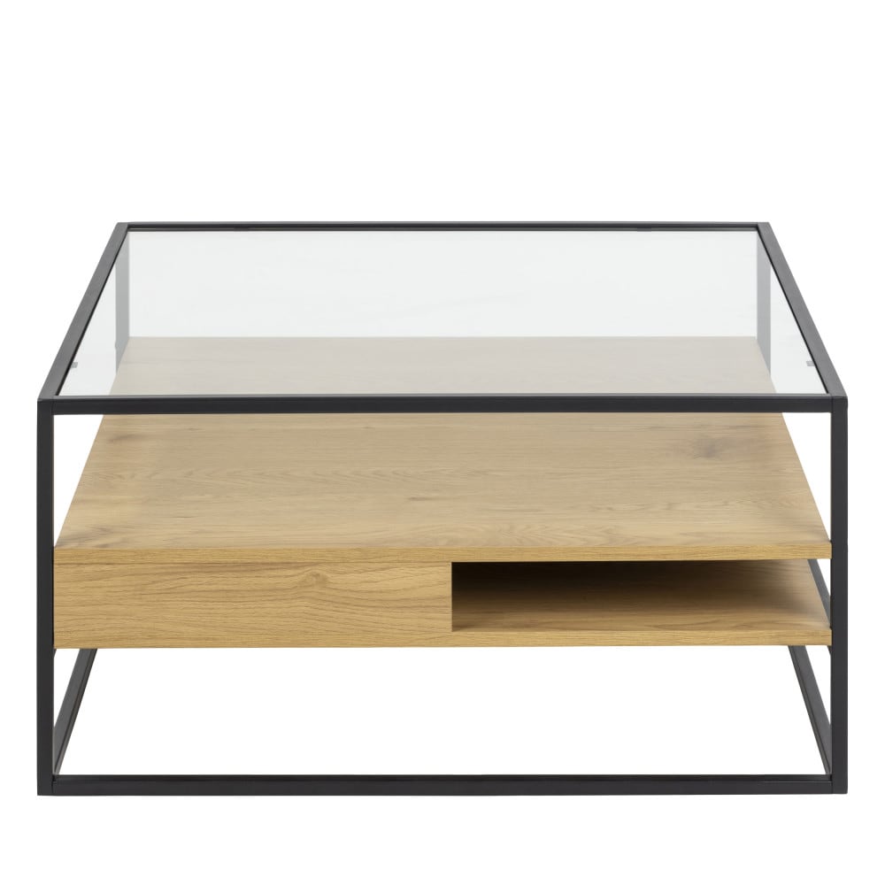 Table basse carrée en verre, bois et métal 80x80cm - Bois clair