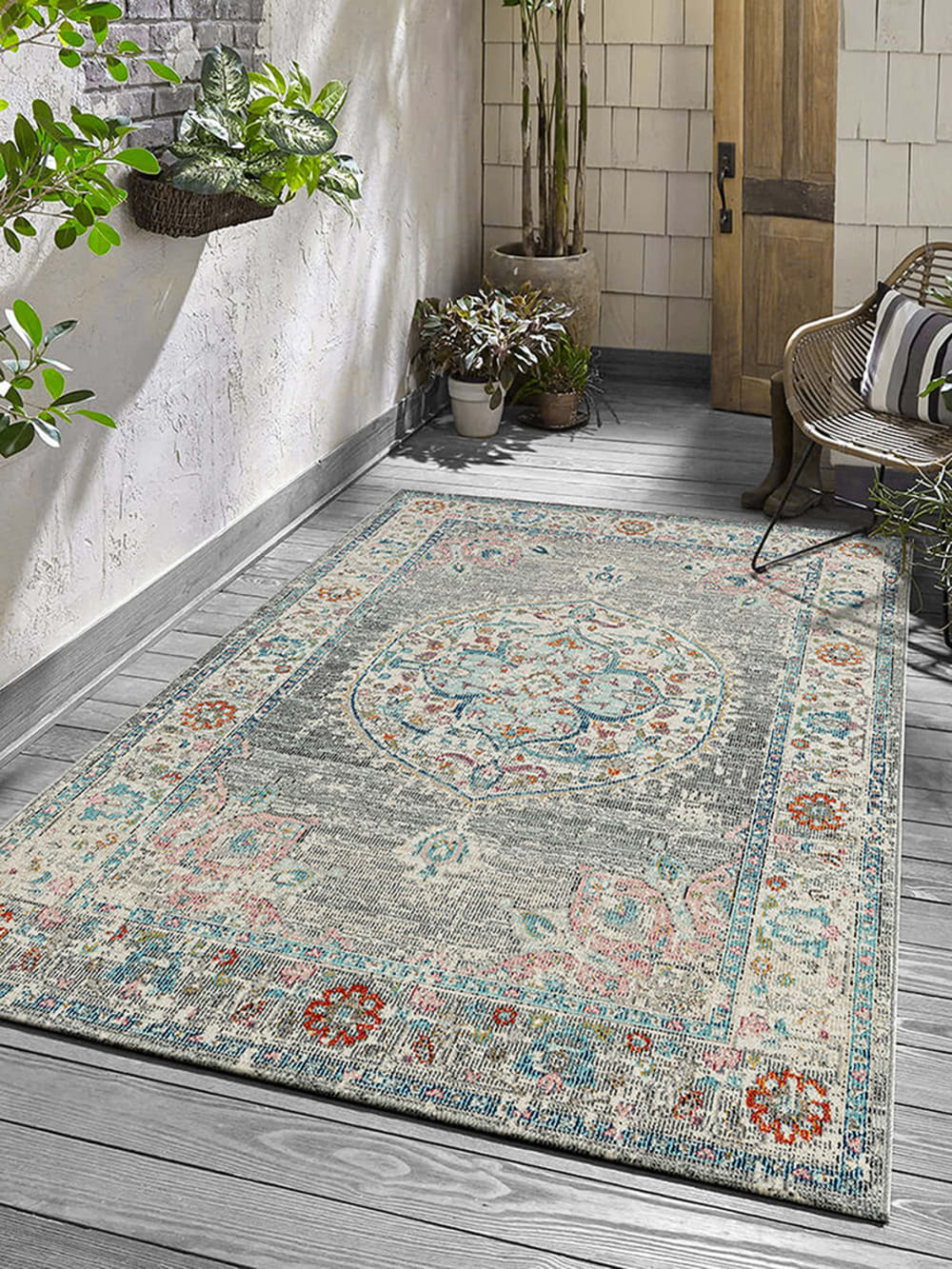 Tapis extérieur terrasse cuisine balcon vintage, gris, 240 x 340 cm