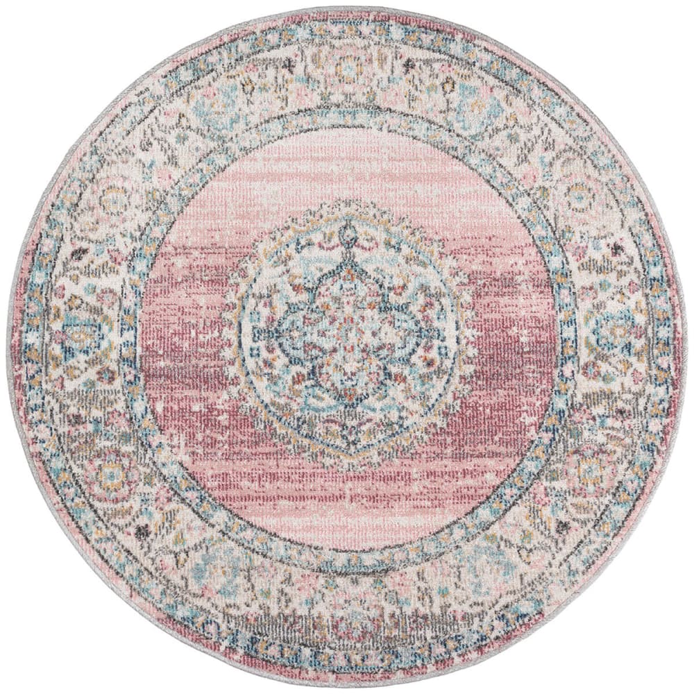 Tapis vintage extérieur terrasse cuisine balcon, rose, 120 cm rond