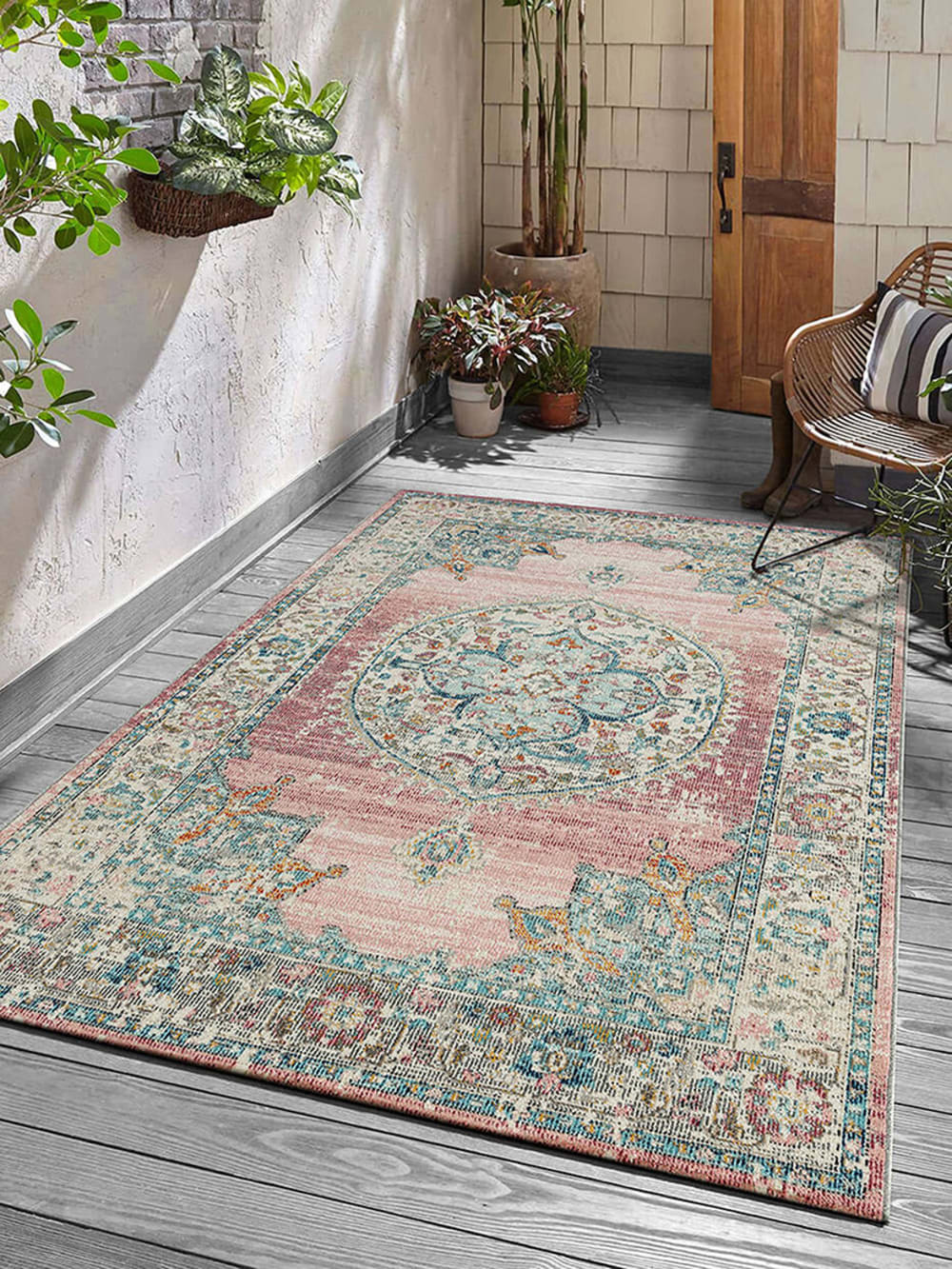 Tapis extérieur terrasse cuisine balcon vintage, rose, 240 x 340 cm