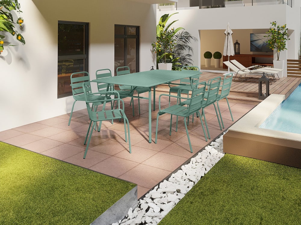 Ensemble table et chaise de jardin acier vert amande
