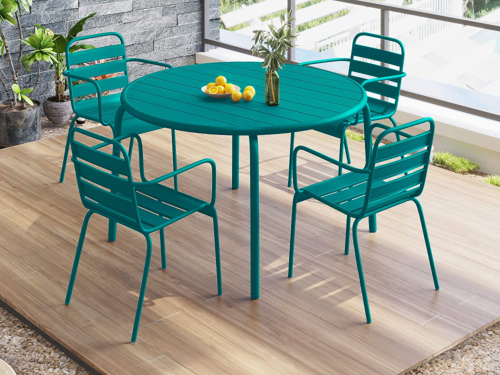 Ensemble table et chaise de jardin acier bleu canard