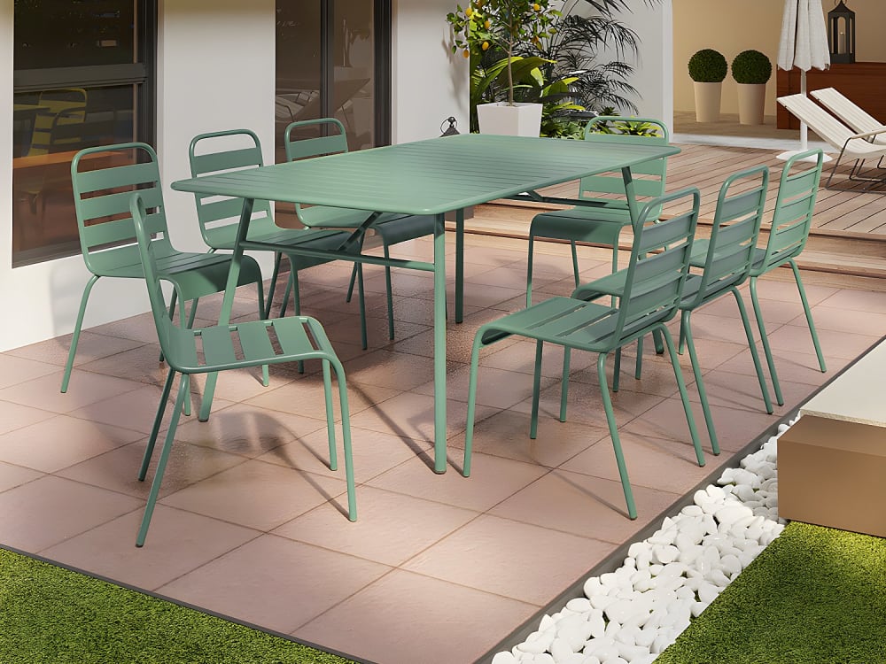 Ensemble table et chaise de jardin acier vert amande