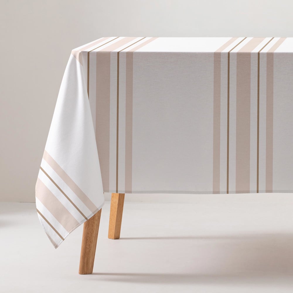 Nappe en coton antitaches imprimée en rayures beige 160x240 cm