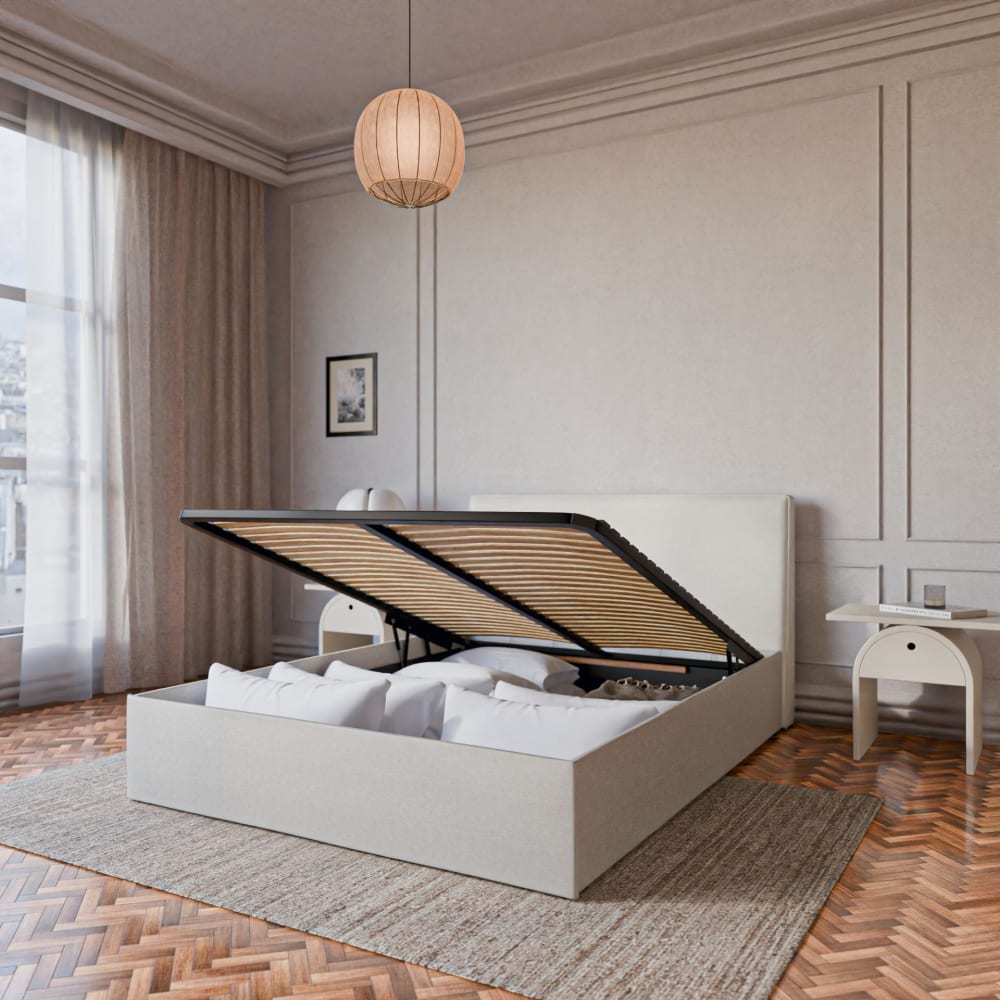 Lit coffre avec tête en tissu chiné blanc 160x200 cm