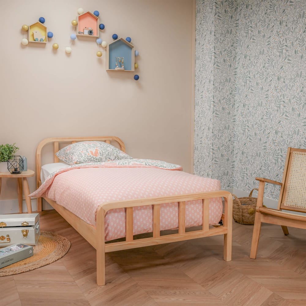 Lit en pin massif naturel avec tête de lit arrondie 90x200