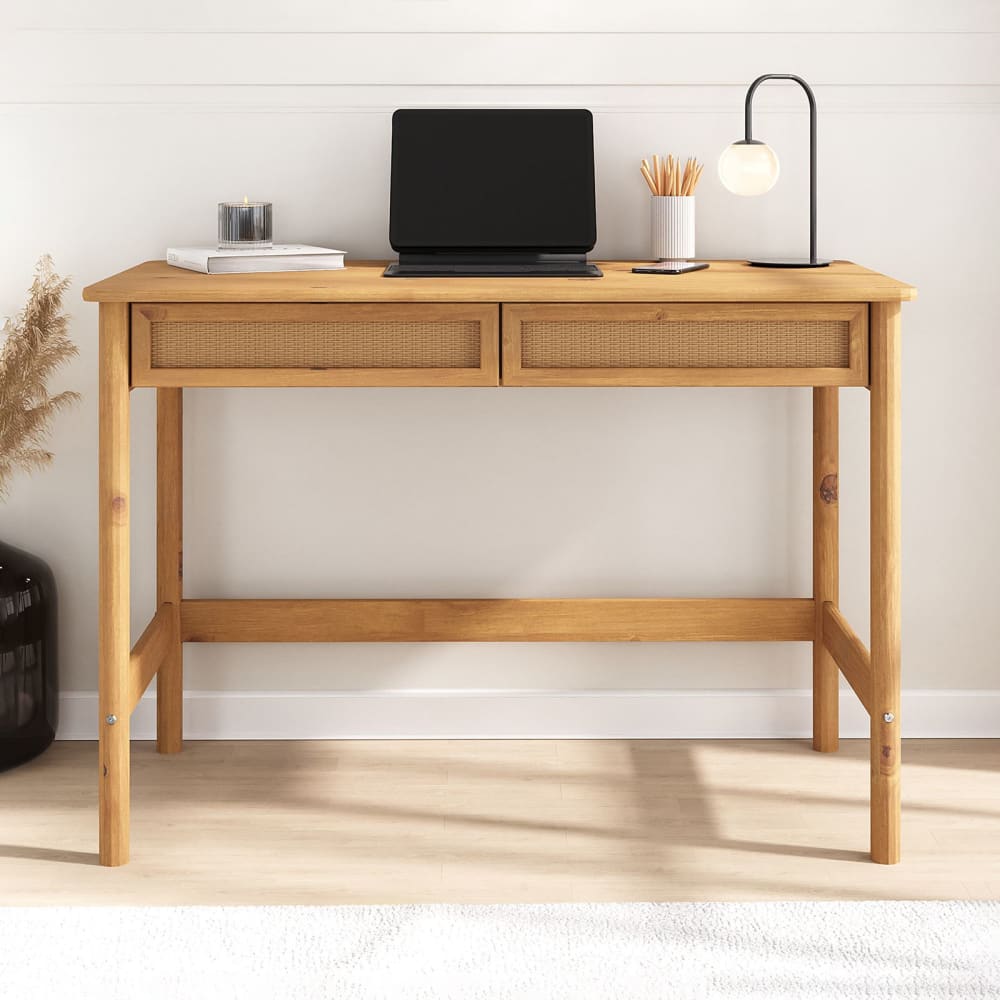 Bureau 2 tiroirs aspect rotin en bois massif, coloris chêne