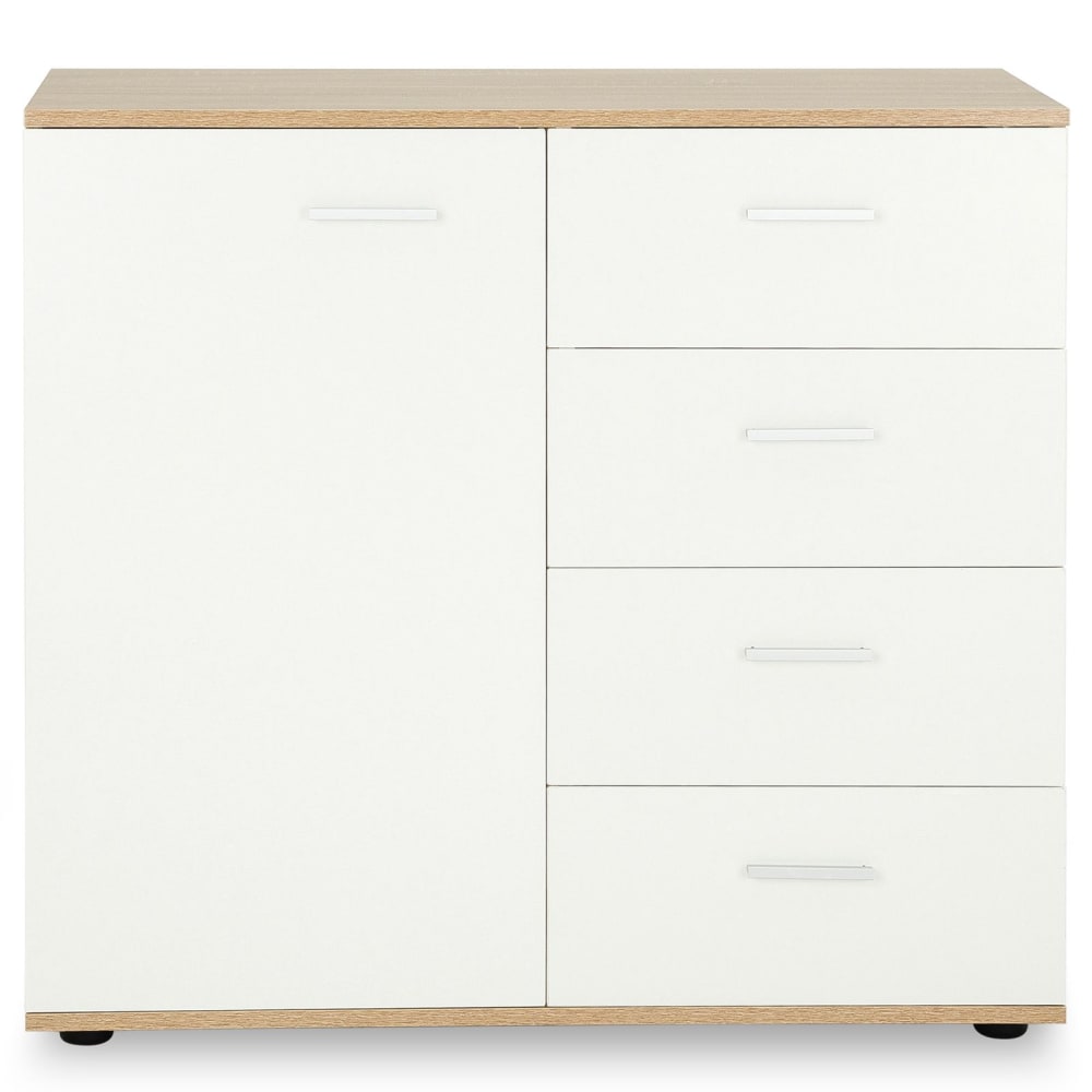 Buffet avec 4 tiroirs et 1 porte, blanc et sonoma