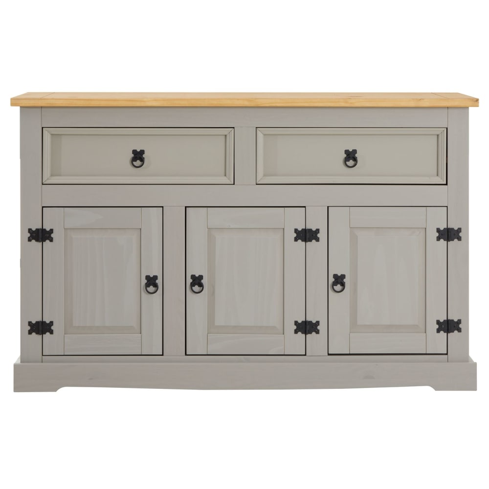 Buffet 3 portes 2 tiroirs en bois massif, gris