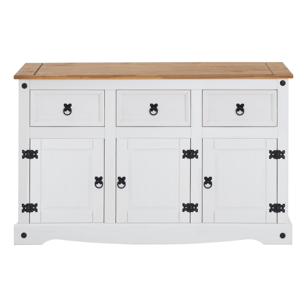 Buffet 3 tiroirs 3 portes en bois massif, blanc/brun