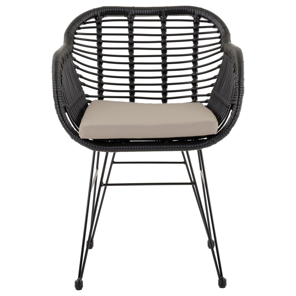 Chaise d'extérieur aspect rotin avec coussin, noir/beige