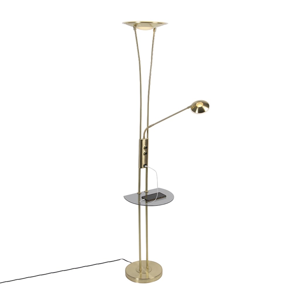 QAZQA Stehlampe Gold mit Lesearm inkl. LED und USB-Anschluss style modern Gold Metall