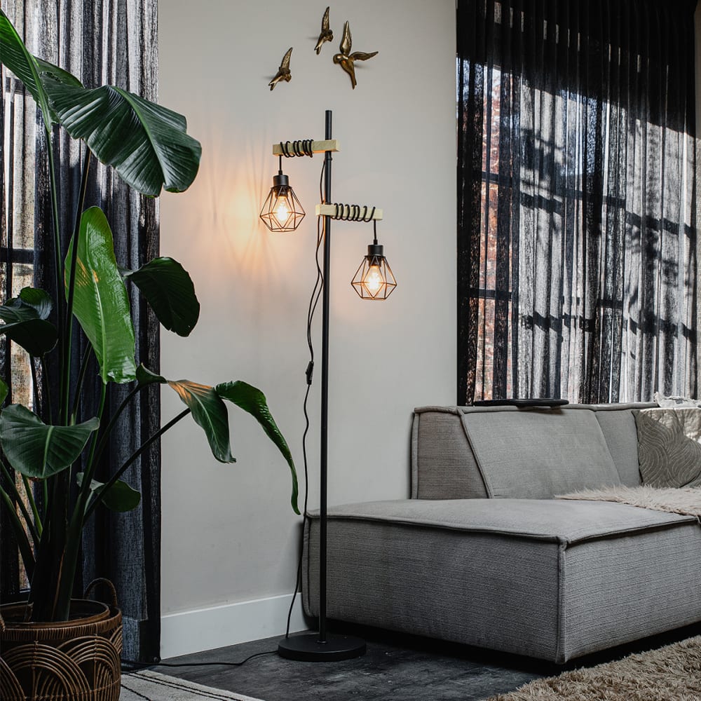 Stehlampe schwarz mit Holz 2-Licht - Maisons Du Monde