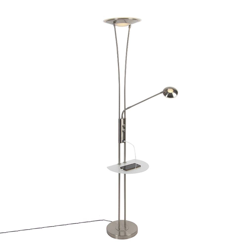 QAZQA Stehlampe Stahl mit Lesearm inkl. LED und USB-Anschluss style modern Silber Metall