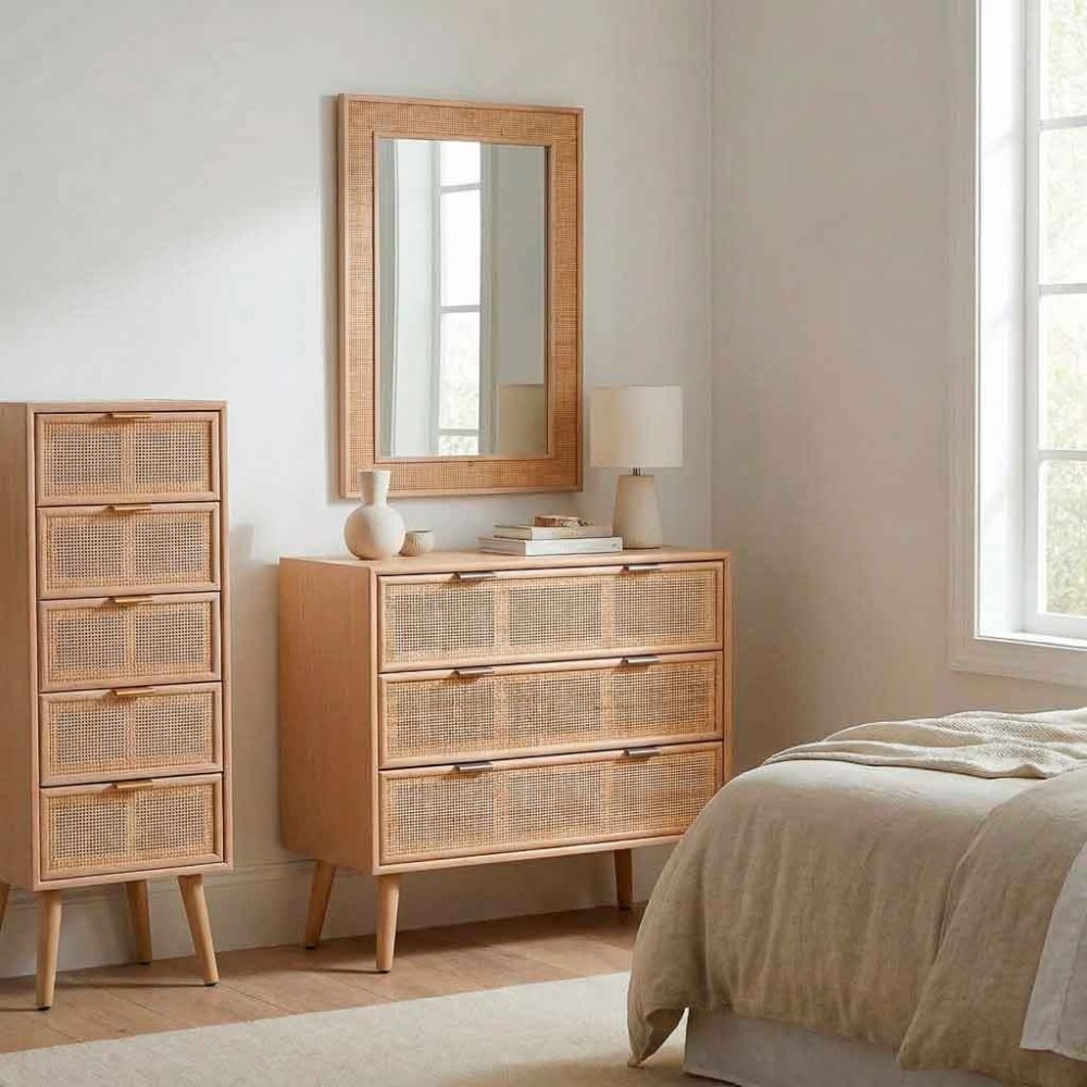 Kommode aus MDF und Rattan, 3 Schubladen, braun, 75x35x78 -
