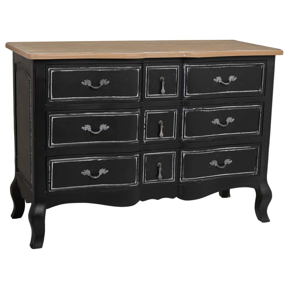 Commode en bois laqué noir vieilli avec 9 tiroirs 120x51x84h cm