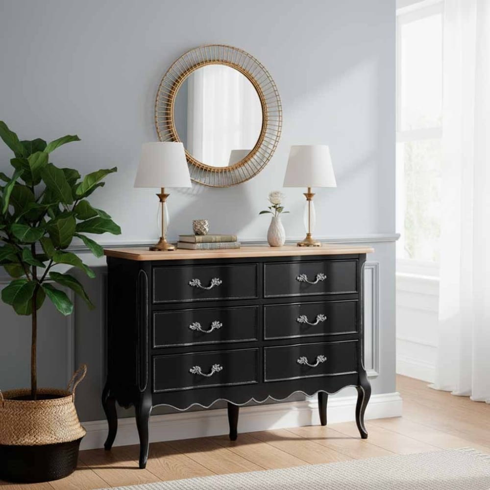 Commode en bois laqué noir vieilli avec 9 tiroirs 120x51x84h cm